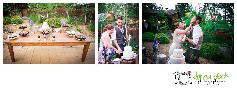 Evergreen Lodge, Wedding, Sacramento Wedding Photographer, Donna Beck Photography, outside reception, cute wedding cake, cutting the cake, cake smash