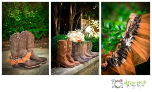 Forest House Lodge Wedding, Donna Beck Photography, Foresthill Wedding Photographer, hunting theme, orange and brown, wedding dress, cowboy boots, garter