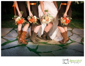 Forest House Lodge Wedding, Donna Beck Photography, Foresthill Wedding Photographer, hunting theme, orange and brown, wedding dress, cowboy boots, garter, cowboy boots, flowers
