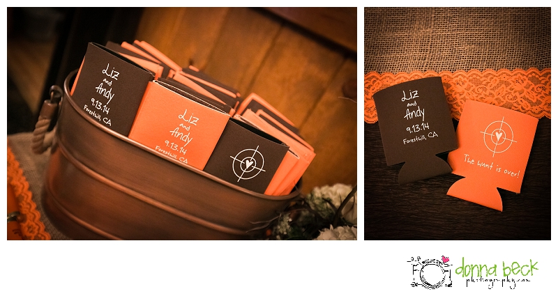 Forest House Lodge Wedding, Donna Beck Photography, Foresthill Wedding Photographer, hunting theme, orange and brown, coozies, beer, wedding favor, creative, awesome idea