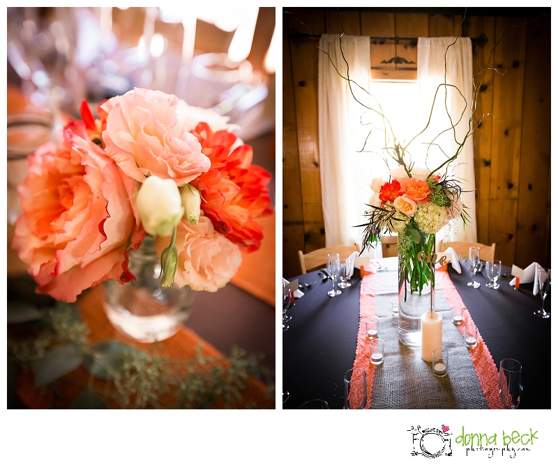 Forest House Lodge Wedding, Donna Beck Photography, Foresthill Wedding Photographer, hunting theme, orange and brown, reception, flowers, centerpieces