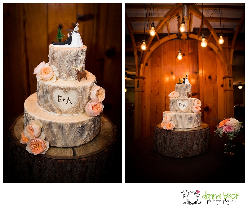 Forest House Lodge Wedding, Donna Beck Photography, Foresthill Wedding Photographer, cake cutting, hunting theme, orange and brown
